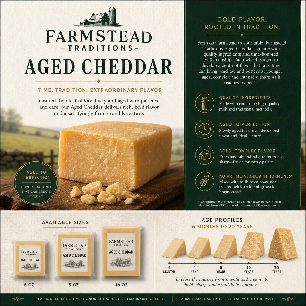 Farmstead Reserve Aged Cheddar with flavor profiles sell sheet